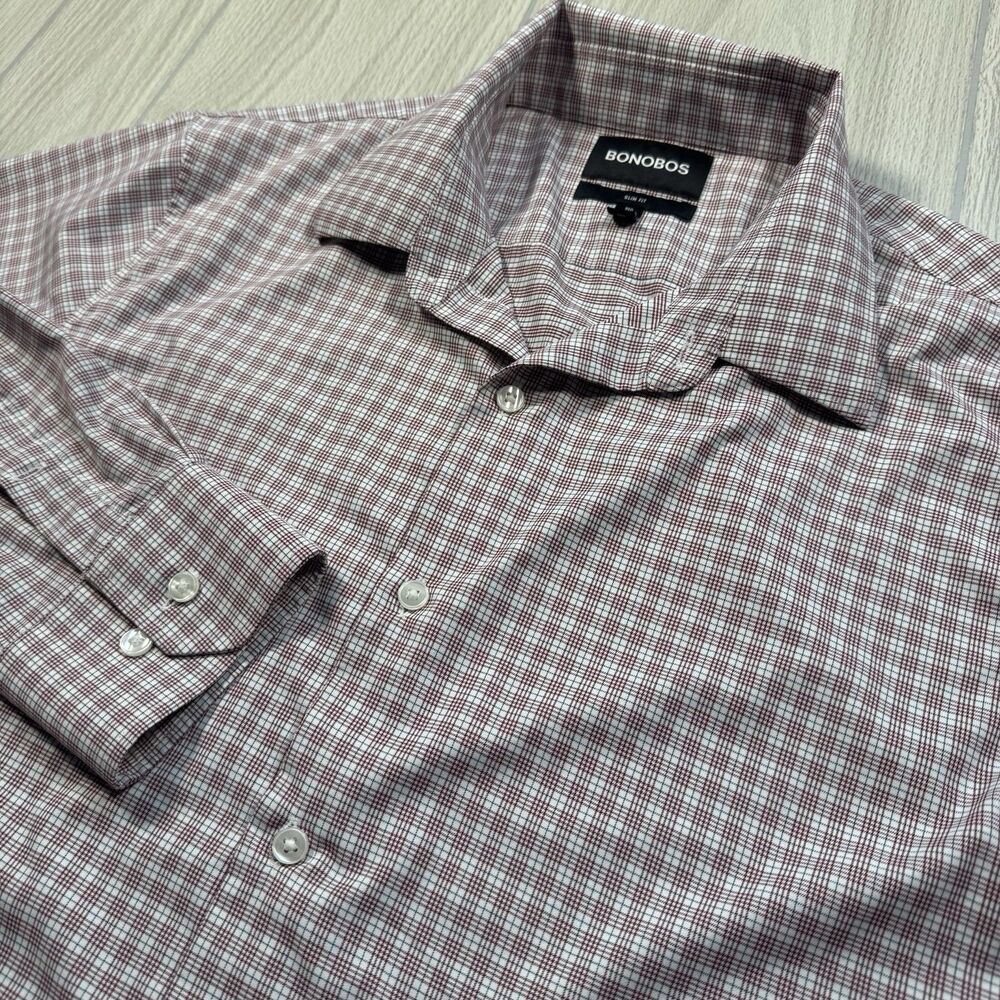 Bonobos Slim Fit Button Up Shirt Men’s L Red White Plaid Stretch Lightweight EUC